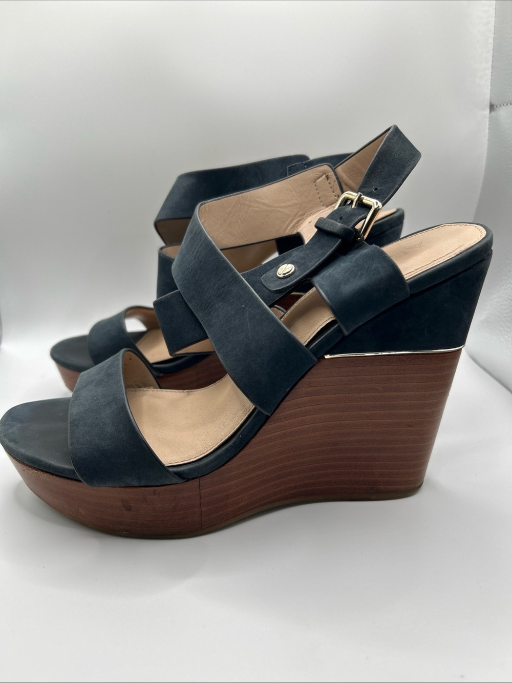 Aldo Women's Navy Blue Suede Leather Strappy Open Toe Wedge Sandals Size 8.5